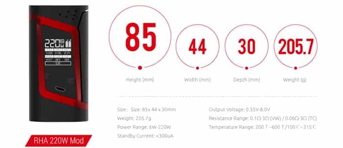 rha 220w mod specs