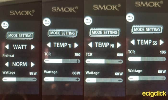 Smok Morph 219 Kit menu options wattage and tc modes