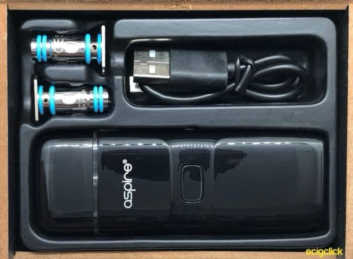 Aspire Breeze NXT Box Contents with Battery, two coils, pod and usb cable in a plastic box