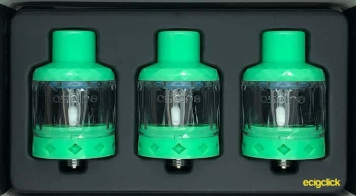 3x aspire cleito shot tanks in lime colour in black box