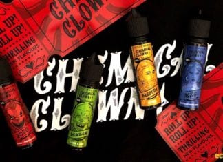 Four bottles of chemical clown eliquid, Bozo, Bambam, Barbuda, Meg. With flyers like carnival tickets saying “Roll up, roll up. Thrilling new flavours!”