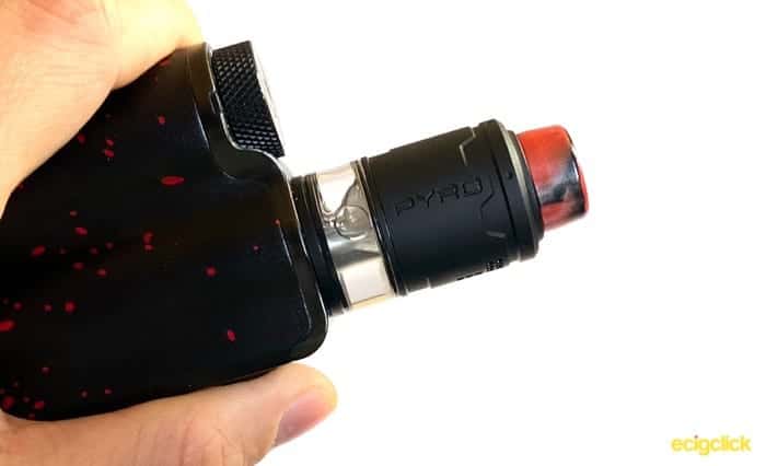 Vandy Vape Pyro V3 on a mod, held in hand