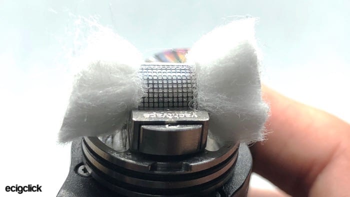 Showing the cotton on the Yachtvape RDA after it has been trimmed
