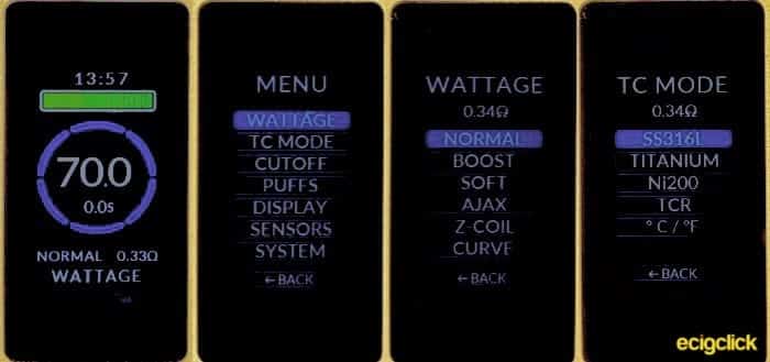 OLED Screen Showing Normal Use, Top Level Menu, Wattage Options and TC Mode Options