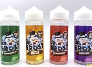 Bottles of Dr. Frost Polar Vape Range of Watermelon Ice, Orange and Mango Ice, Strawberry Ice and Grape Ice