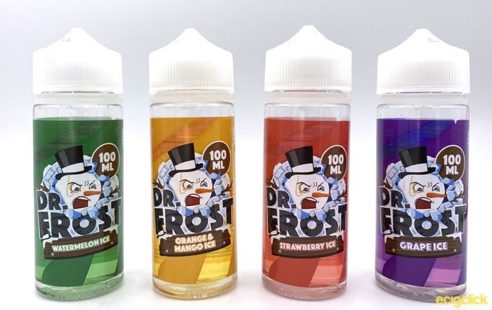 Bottles of Dr. Frost Polar Vape Range of Watermelon Ice, Orange and Mango Ice, Strawberry Ice and Grape Ice