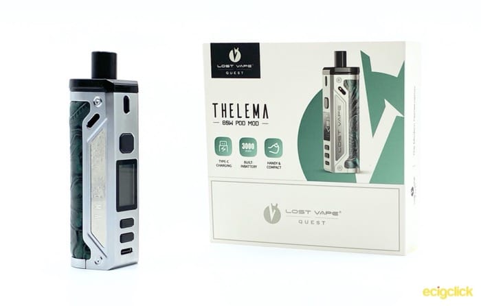 Lost Vape Thelema Product Shot in front of Packaging