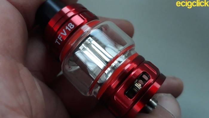 Smok TFV18 tank showing one of the adjustable airflow slots