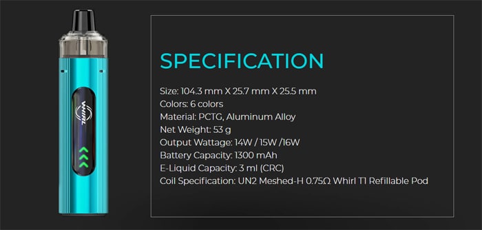 whirl t1 specs
