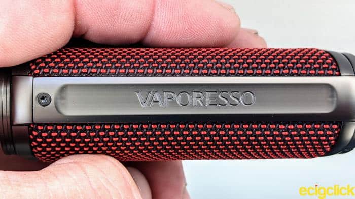 Vaporesso Target 100 Kit logo on the side of MOD