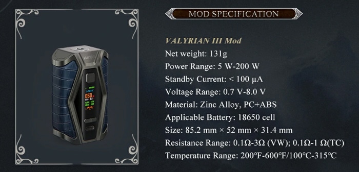 valyrian 3 mod specs