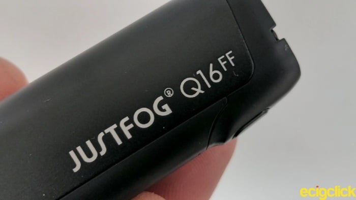 JustFog Q16FF starter kit manufacturing branding on side of battery image