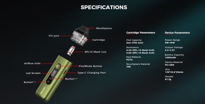 Nevoks FEELIN X pod kit exploded view and specs card