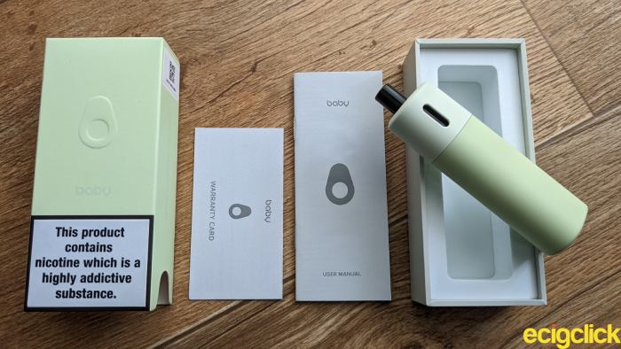 What's in the box of the Vaptio Avocado Baby pod kit