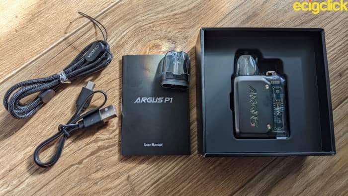 What's in the box of the Voopoo Argus P1 pod kit