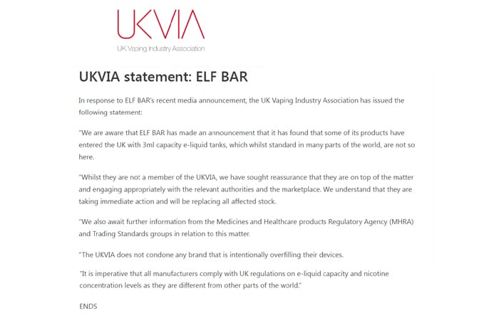 ukvia elf bar statement