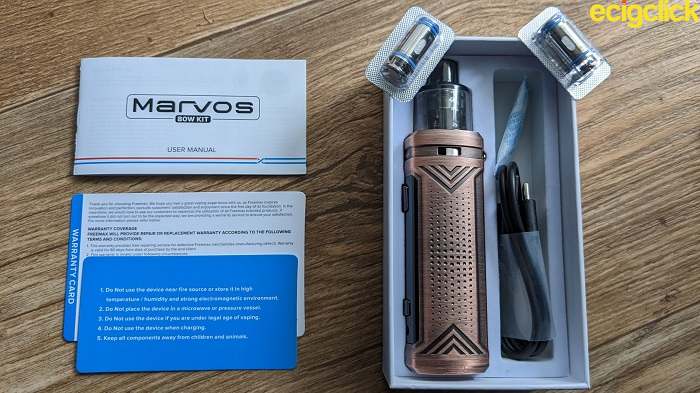 Inside the box of the Freemax Marvos 80W pod kit