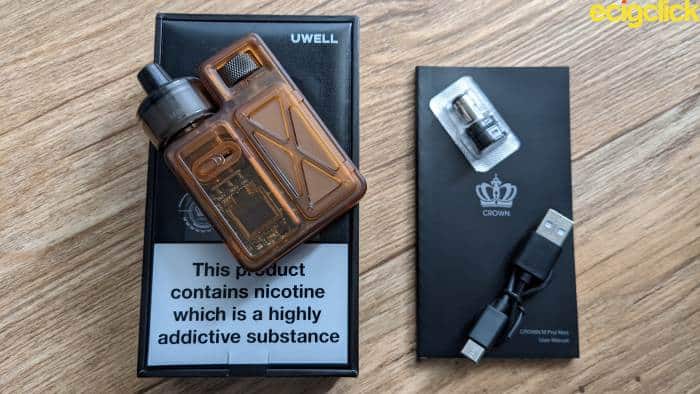 Uwell Crown M pod kit inside the box