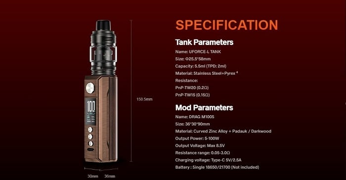 Voopoo Drag M100S kit specs