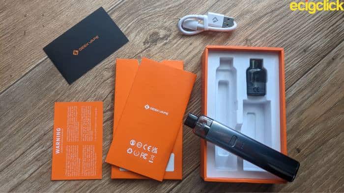 In the box of the Geekvape Wenax K2 pod kit
