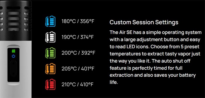 arizer air se settings